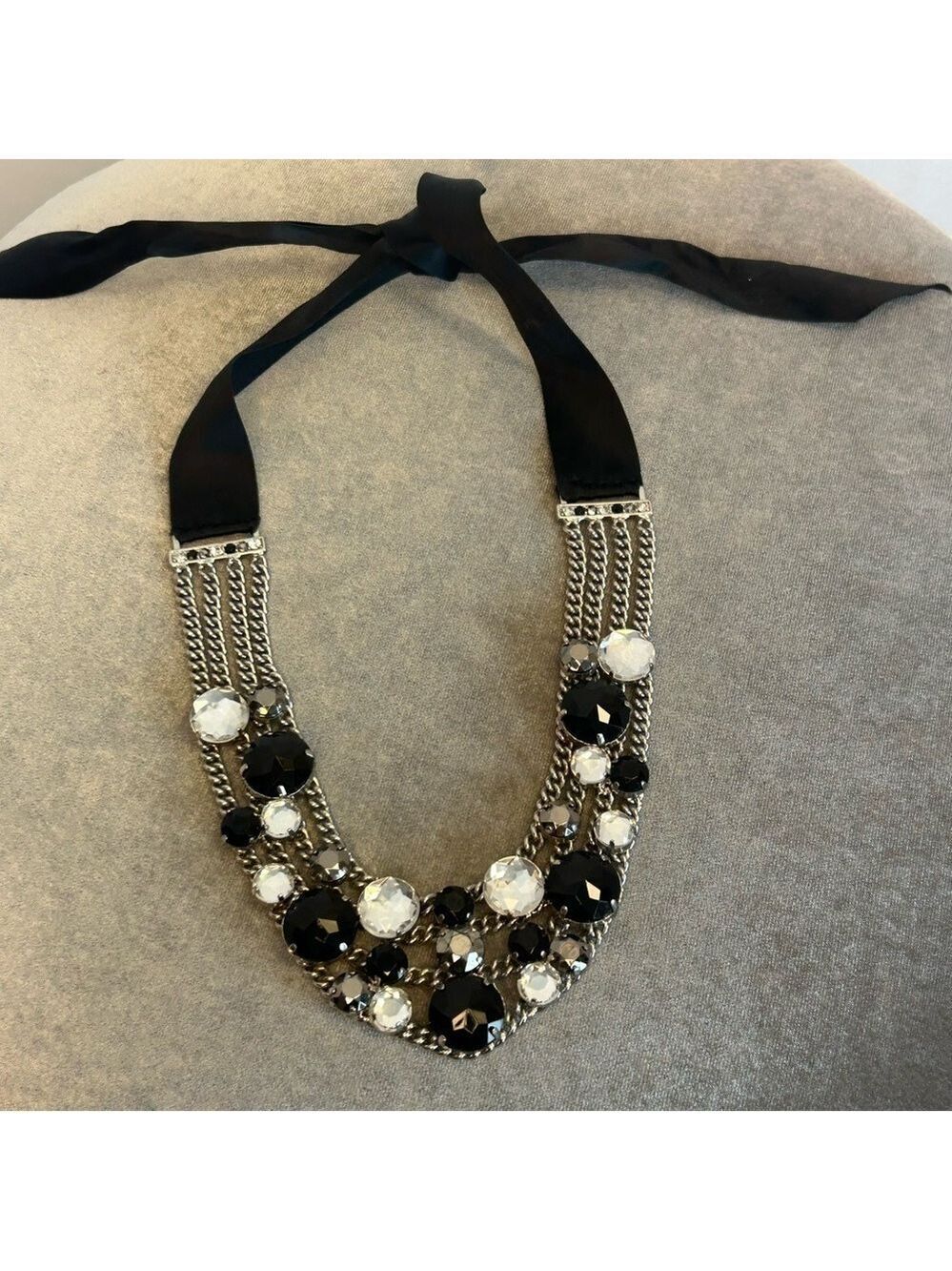 BLACK clear crystal rhinestone clustered multi layered chain ribbon necklace